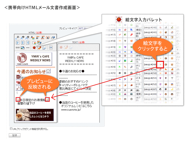 デコメ 携帯html や絵文字付きのメルマガを作成できますか メール配信システムのcuenote Fc